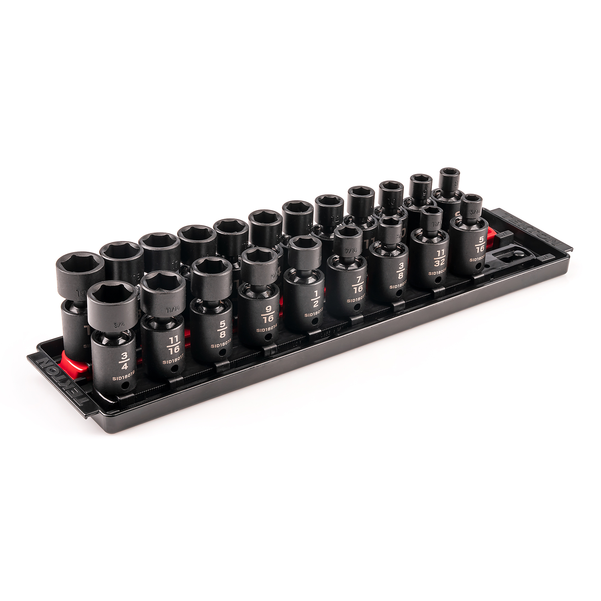 TEKTON 3/8 Inch Drive Shallow 6-Point Universal Joint Impact Socket Set with Rails and Tray, 21-Piece (5/16 - 3/4 in., 8 - 19 mm) | SID97200